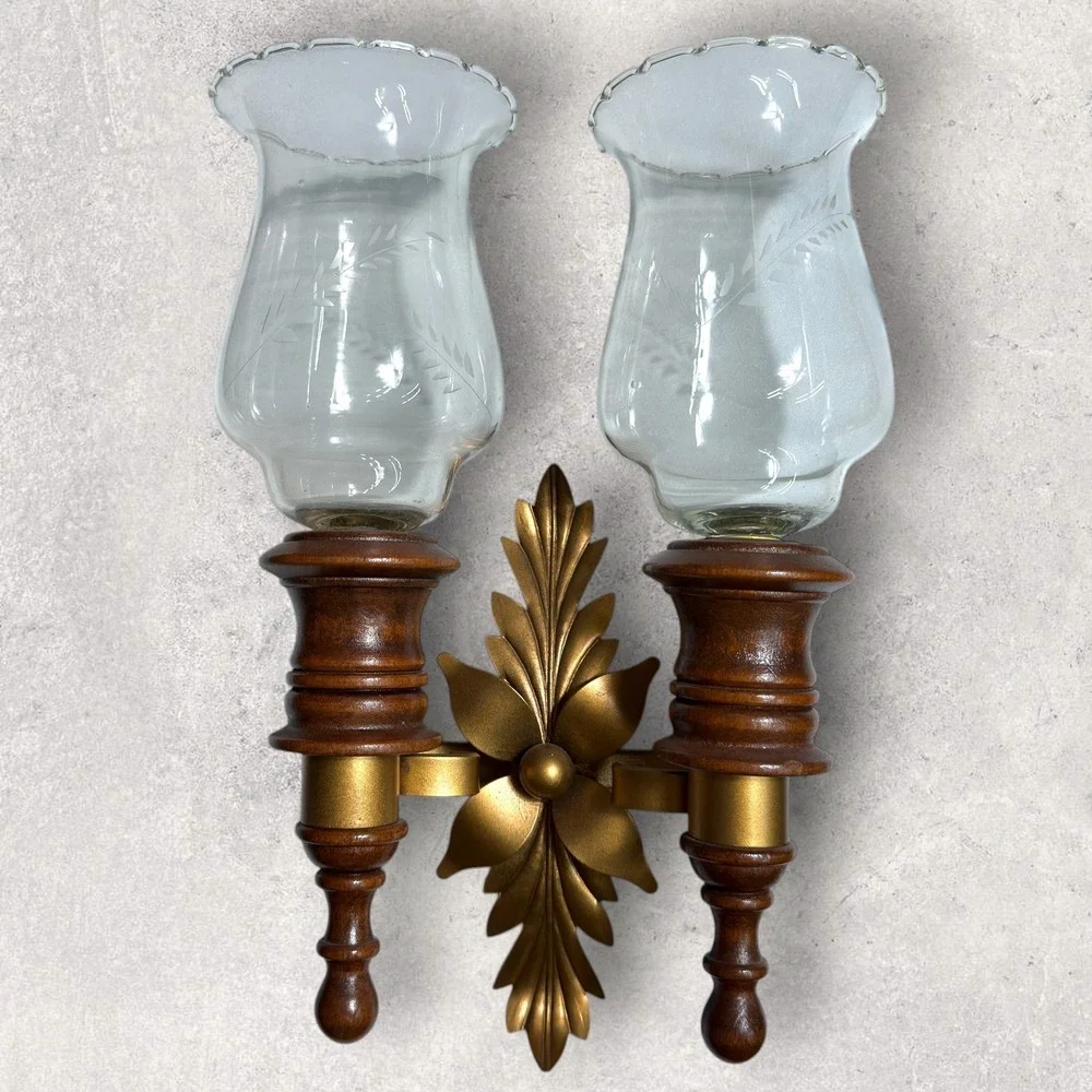 Vintage Double Wall Sconce Wood Gold Metal Floral‎ Etched Glass Hurricane Shades